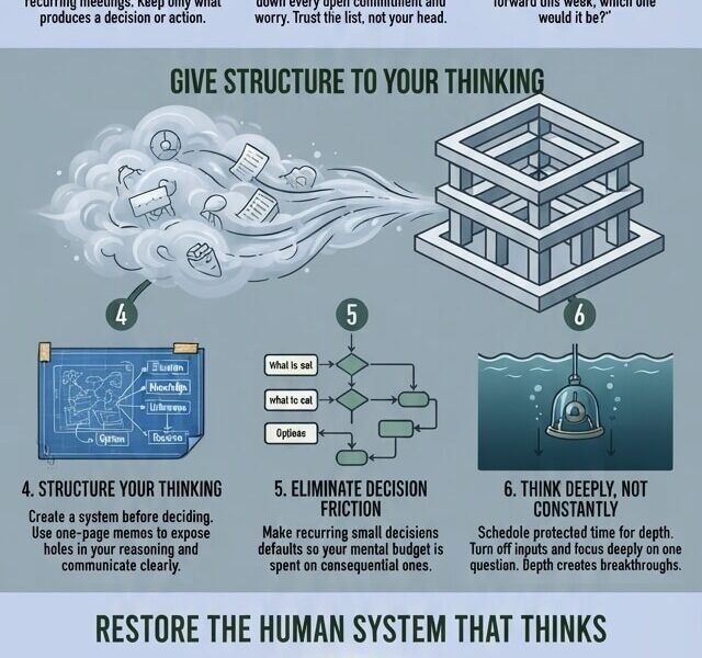 Infographic titled "A Practical System to Reset Mental Clarity" featuring three categorized sections and nine numbered steps against a soft blue-gray background (#c5d1eb), complete with custom illustrations for each practice and website attribution to www.juanfernandopacheco.com