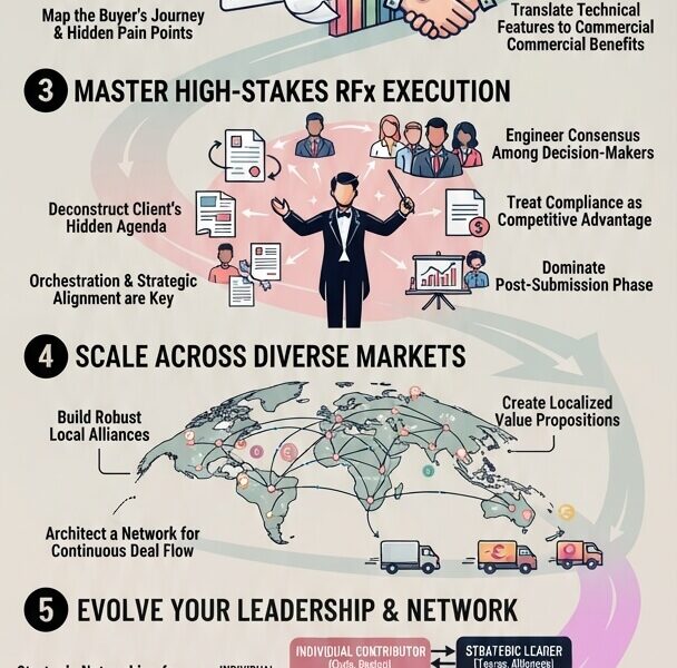 A vertical infographic featuring six numbered steps to accelerate a tech career in Latin America, set against a warm pastel background (#f3dad8). Illustrations include a map of LATAM, business negotiation handshakes, an RFx conductor orchestrating teams, global network lines, a leadership network pyramid, and a human working alongside AI. It includes references to www.juanfernandopacheco.com.
