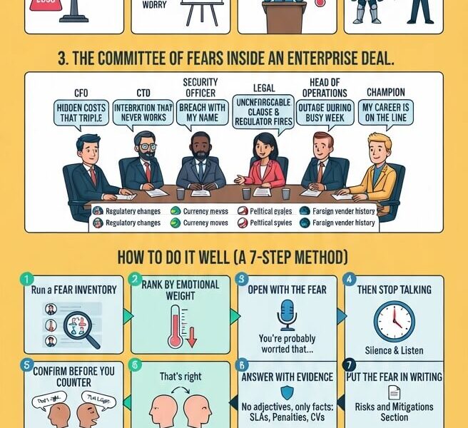 An infographic with a soft yellow background detailing a 7-step negotiation strategy for enterprise deals, featuring illustrative sections on naming client fears, Kahneman's insights on loss aversion, stakeholder committees, common mistakes, and the author credits for Juan Fernando Pacheco.