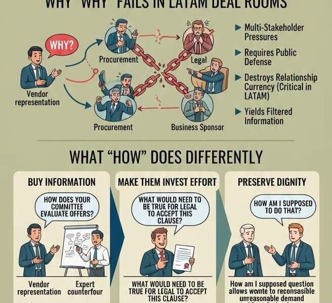 An infographic titled "Ask How, Not Why" illustrating negotiation techniques for enterprise deals. The image contrasts accusatory "Why" questions with collaborative "How/What" questions, showing how the former causes defensiveness while the latter unlocks solutions and builds consensus among stakeholders in complex B2B environments like LATAM deal rooms.
