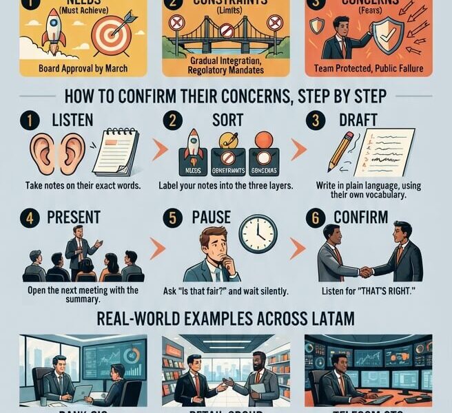 A detailed business infographic titled "Confirm Their Concerns," illustrating a six-step negotiation method for moving stalled deals. The graphic compares the phrases "You're Right" (closing doors) and "That's Right" (opening doors), defines the three layers of confirmation (Needs, Constraints, Concerns), outlines a step-by-step process from listening to confirming, provides real-world LATAM examples, and lists common mistakes to avoid. The footer includes attribution to Juan Fernando Pacheco.