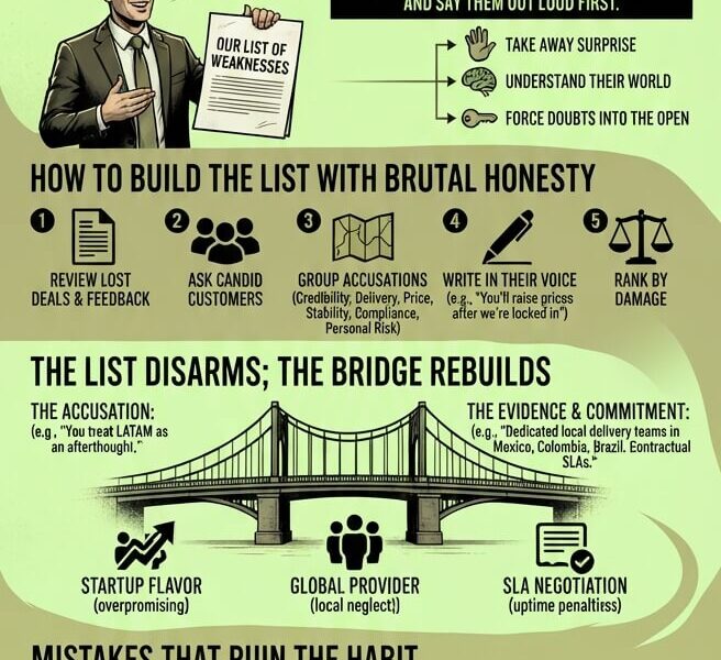 A vertical infographic titled "LIST THEIR OBJECTION BEFORE THEY DO," illustrating a five-step negotiation strategy against a light green background. It moves from a "Silent Room" of doubting executives to a confident presenter who proactively lists weaknesses, builds bridges with evidence, avoids common mistakes, and ends with a collaborative discussion.