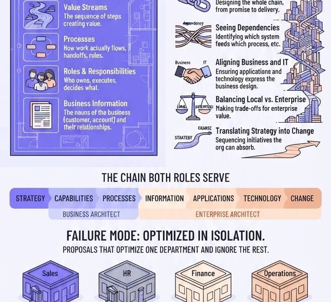 Infographic comparing Enterprise Architects and Business Architects. It highlights the Business Architect’s focus on domain-level functional coherence (Capabilities, Processes, Value Streams) versus the Enterprise Architect’s focus on end-to-end enterprise coherence across domains, systems, and technology chains, based on www.juanfernandopacheco.com.
