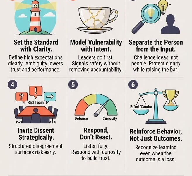 An infographic titled "How Elite Leaders Create Psychological Safety" set against a warm beige background (#f2efea) with text and icons in dark charcoal (#403d58), coral orange (#fc7753), mint teal (#66d7d1), and olive yellow (#dbd56e). The top features a 2x2 matrix contrasting climates of safety and standards, followed by nine numbered cards detailing leadership practices ranging from setting clear standards and modeling vulnerability to building robust systems. The footer includes the website reference www.juanfernandopacheco.com.