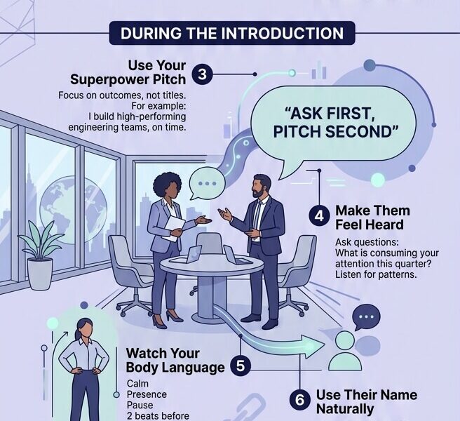 A vertical infographic titled 'How to Introduce Yourself at the Executive Level,' detailing a seven-step system for building lasting professional relationships, specifically for global and LATAM leaders. The infographic is divided into three main chronological sections with blue and purple tones and vector illustrations. The 'Before' section covers building recognition and finding your superpower pitch. The 'During' section focuses on outcomes, listening, body language, and using names. The 'After' section outlines ending with specific reasons to reconnect.