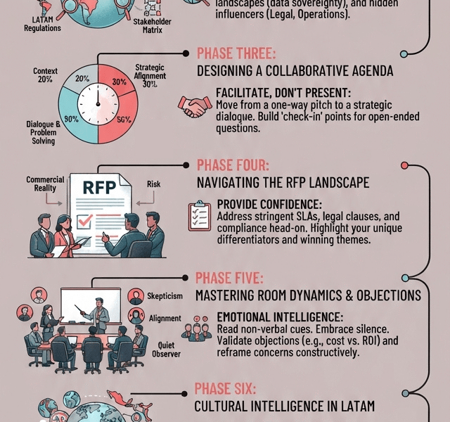 A long, vertical infographic titled "Mastering the Boardroom: Facilitating C-Level Executive Meetings" with a subtitle "From User Experience to Enterprise Strategy: A Framework for Strategic Advisors." The image is an illustrated, step-by-step guide broken into eight distinct phases, utilizing a color palette of deep red, coral, teal, and cyan on a light grey background. It covers topics from understanding the executive mindset and rigorous intelligence gathering to navigating RFPs, managing room dynamics, applying cultural intelligence in LATAM, translating dialogue to execution, and long-term relationship management. The footer includes the URL www.juanfernandopacheco.com.