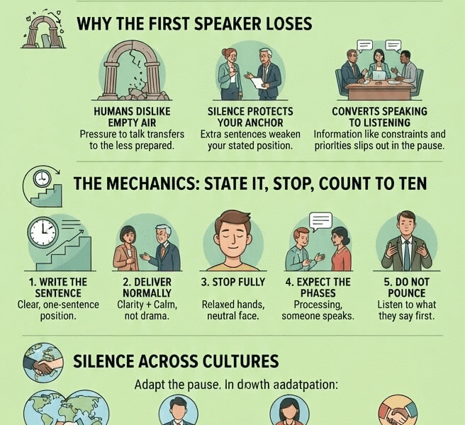 Infographic titled "Strategic Silence: Saying Less to Win More" illustrating a business negotiation scenario. A visual guide below the boardroom scene breaks down the strategy into sections: "Silence is Generous," "Why the First Speaker Loses," "The Mechanics: State It, Stop, Count to Ten," "Silence Across Cultures," "Mistakes to Avoid," and "Training the Muscle." The footer includes the website "WWW.JUANFERNANDOPACHECO.COM."