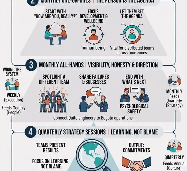 An infographic pyramid illustrating five essential corporate meetings organized by frequency and scope, ranging from weekly team syncs to annual culture events, with details on their purpose and rules for success.