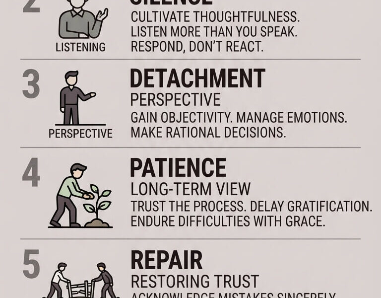 An infographic titled "THE SIX LAWS OF MATURITY IN LEADERSHIP" presented as a vertical list. From top to bottom, numbered points 1 through 6 feature minimalist illustrations and text detailing: 1. Ownership (Accountability); 2. Silence (Listening); 3. Detachment (Perspective); 4. Patience (Long-Term View); 5. Repair (Restoring Trust); and 6. Proof (Integrity & Results). The bottom of the image displays the URL "www.juanfernandopacheco.com".