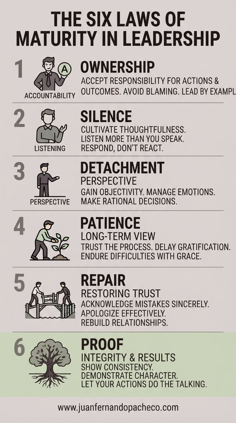 An infographic titled "THE SIX LAWS OF MATURITY IN LEADERSHIP" presented as a vertical list. From top to bottom, numbered points 1 through 6 feature minimalist illustrations and text detailing: 1. Ownership (Accountability); 2. Silence (Listening); 3. Detachment (Perspective); 4. Patience (Long-Term View); 5. Repair (Restoring Trust); and 6. Proof (Integrity & Results). The bottom of the image displays the URL "www.juanfernandopacheco.com".